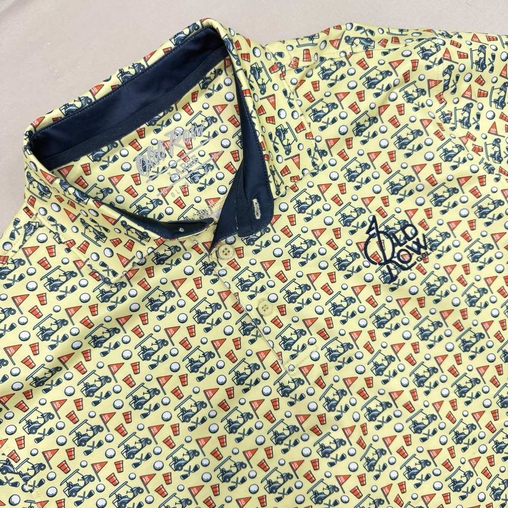 Old Row Golf Polo Shirt Mens Large Yellow All Over Print Cart Flag Balls